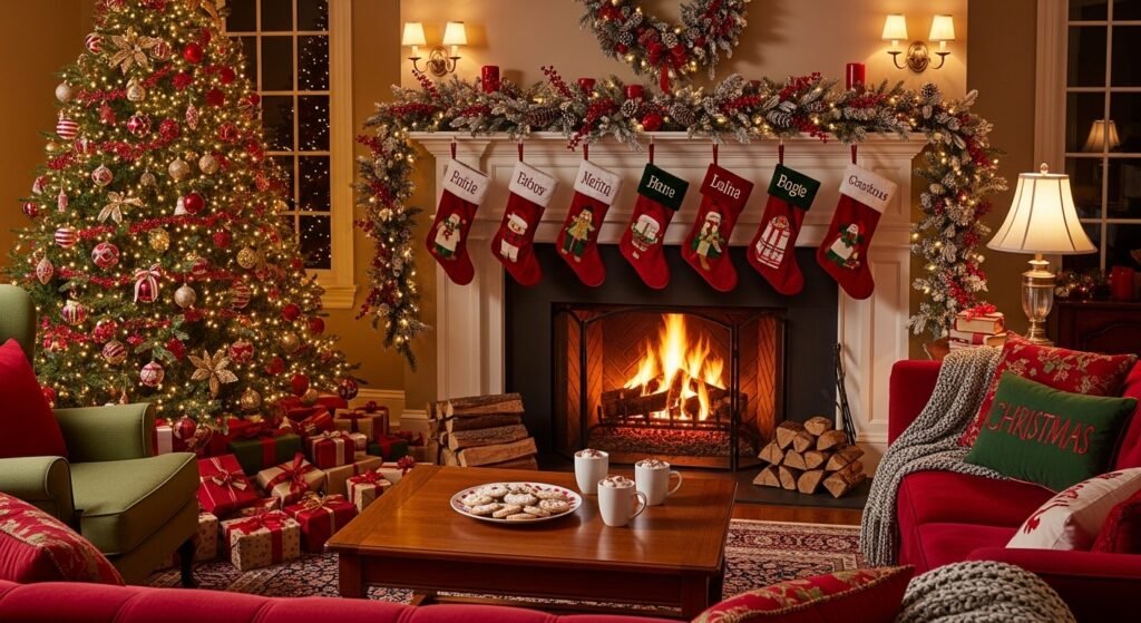 Cozy Christmas fireplace scene with warm candle light and holiday decorations