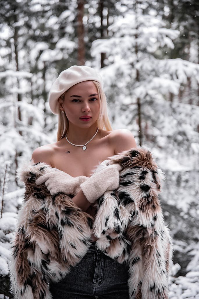 Elegant woman in faux fur amidst snowy forest; winter fashion.