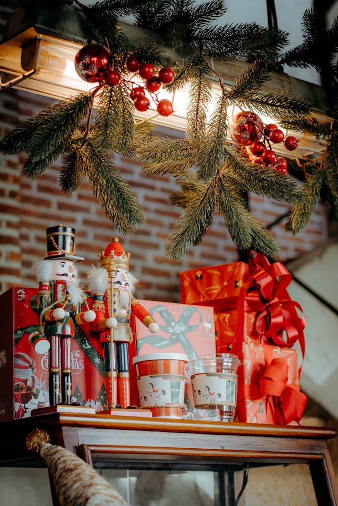 Nutcracker decorations and wrapped gifts create a festive Christmas atmosphere indoors.