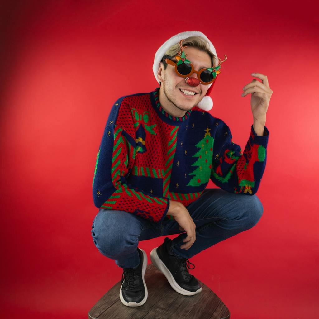 Playful man wearing festive ugly Christmas sweater with fun holiday glasses
