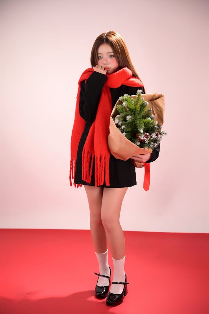 Stylish woman in red scarf with festive Christmas greenery and holiday colors