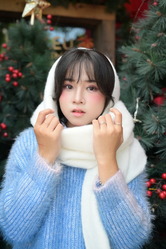 Woman in cozy white scarf and blue sweater casual Christmas outfit with festive tree background