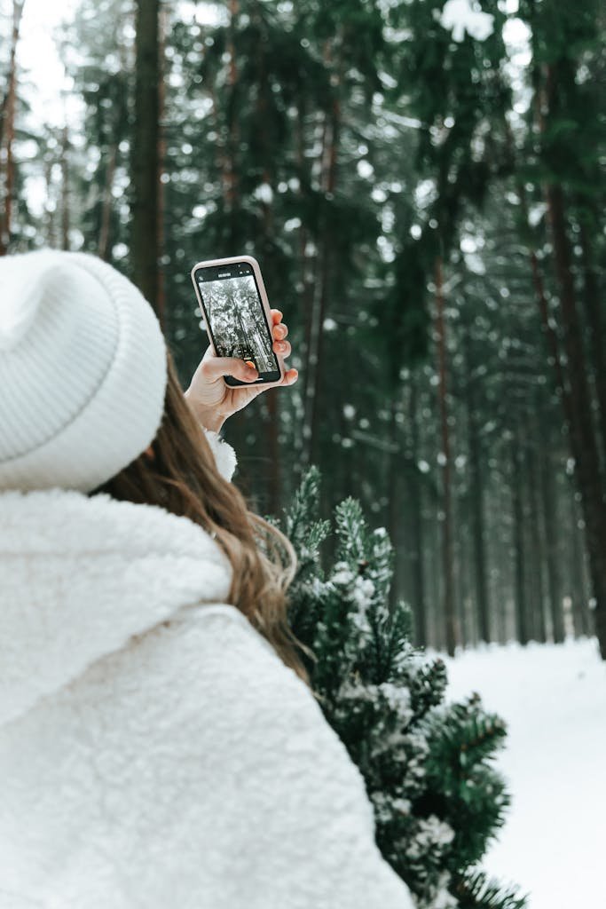 Woman taking Instagram photo with smartphone in beautiful snowy winter forest